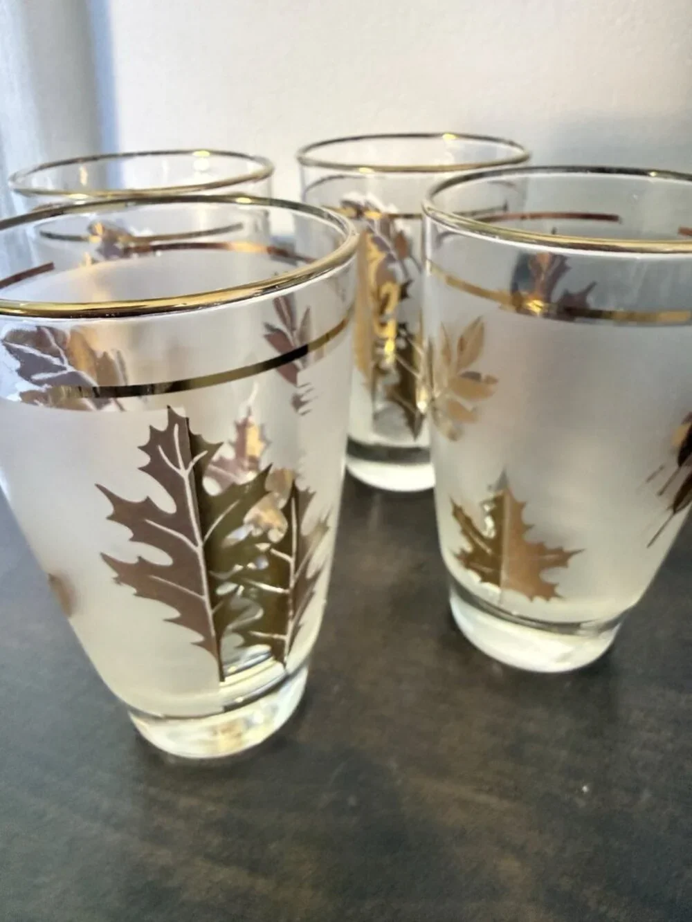 5 Vintage Libby Glass Company Tumblers Golden Foliage Pattern Frost Finish 22K